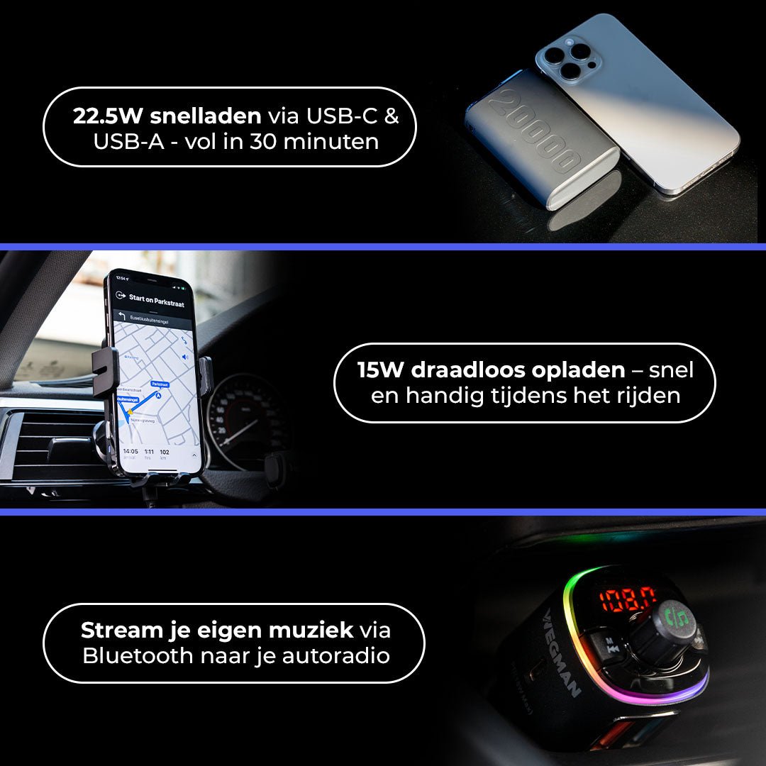Wegman Roadtrip Essentials Pakket - Telefoonhouder met Draadloze Oplader + Bluetooth FM Transmitter + Powerbank 20.000 mAh