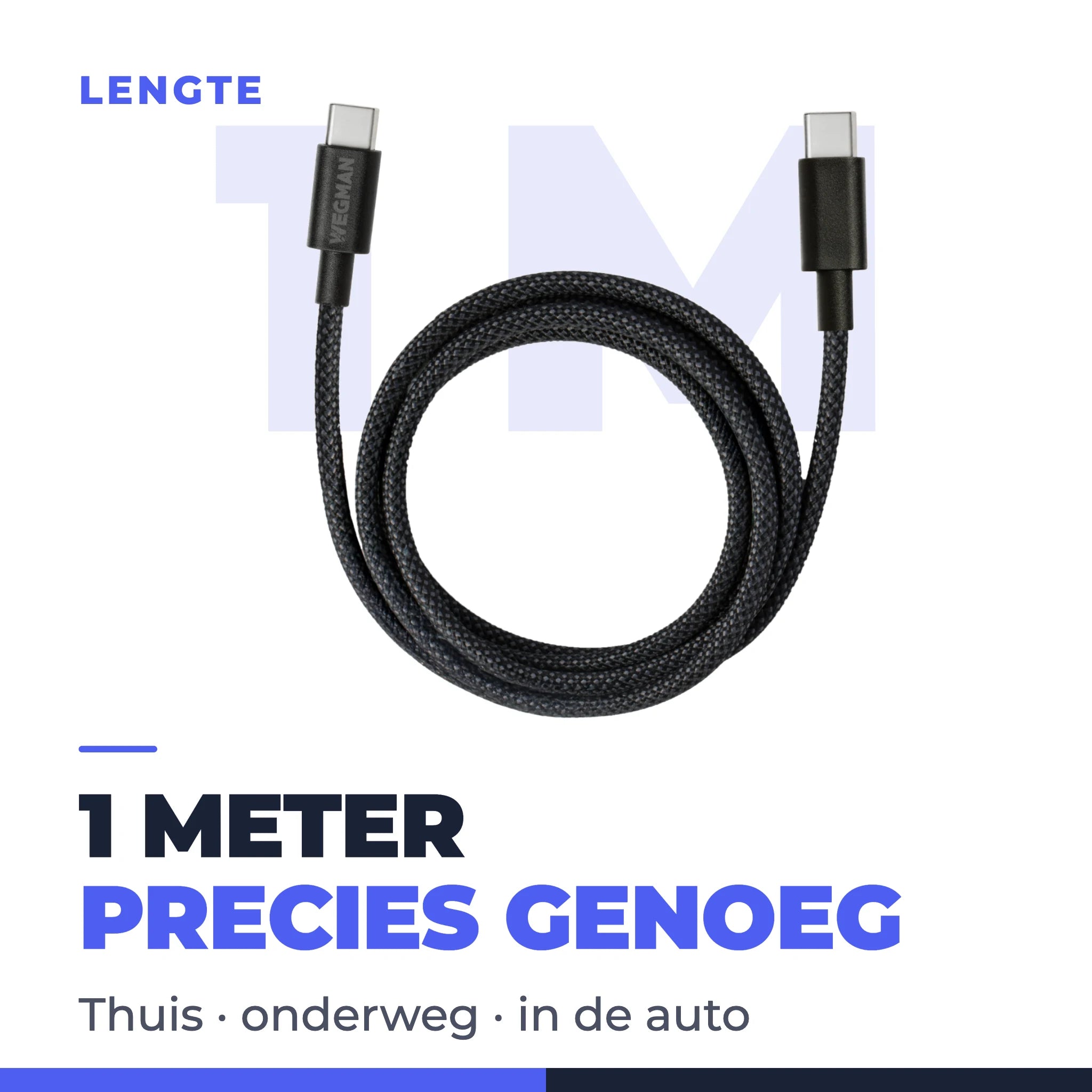 De Wegman USB-C kabel opgerold, met de lengte van 1 meter in beeld