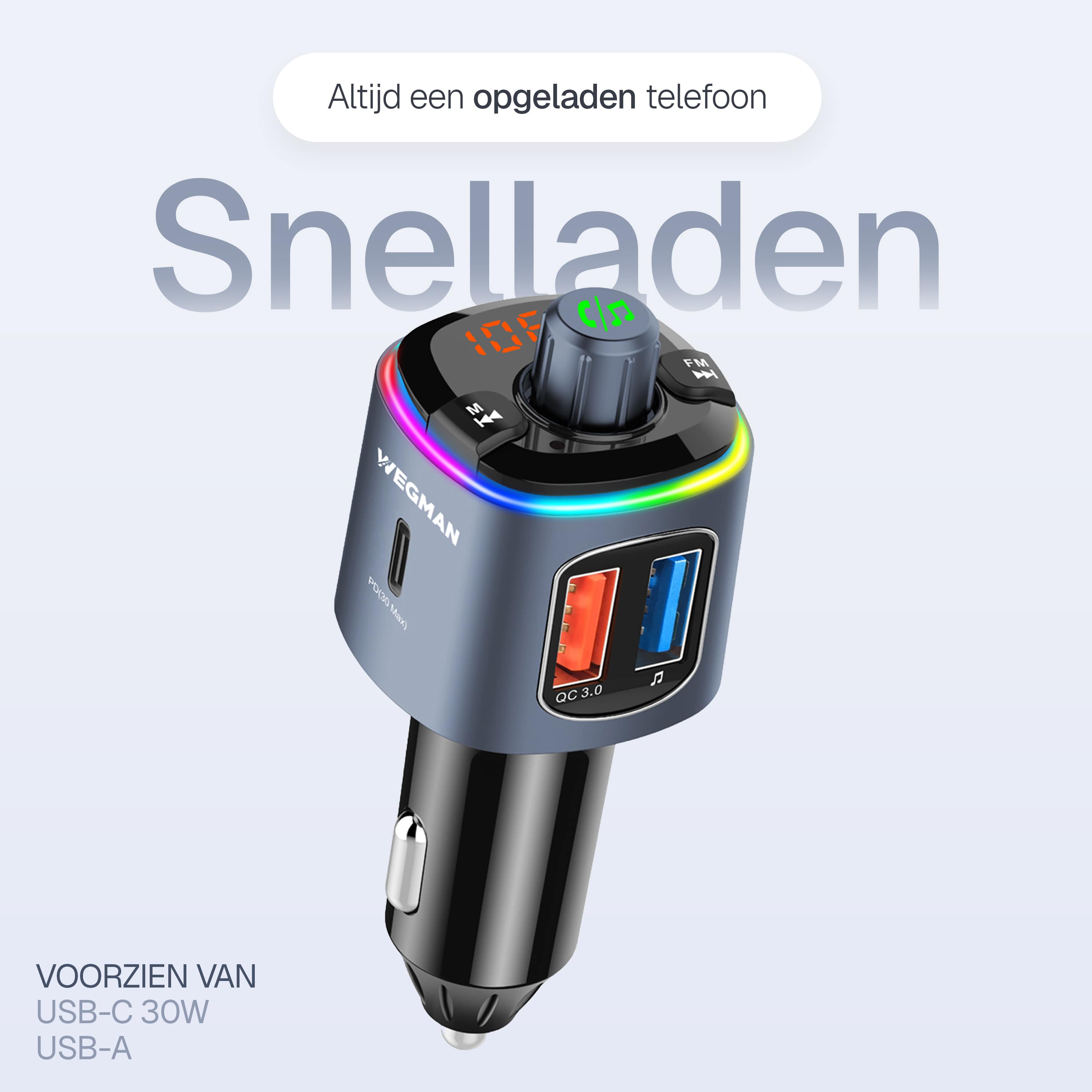 30W USB-C en USB-A poorten op Wegman FM Transmitter voor snel opladen