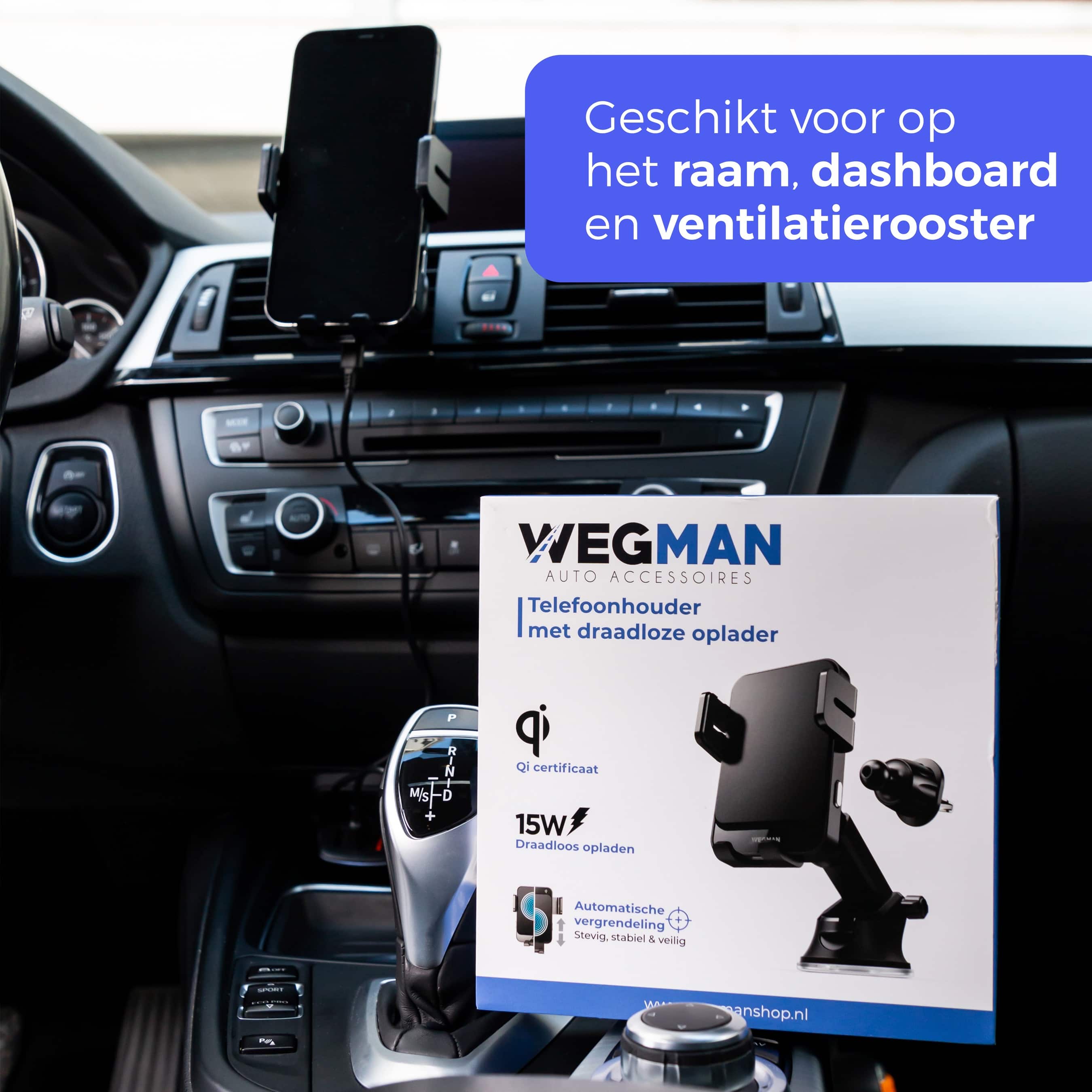 Bevestiging van Wegman QI houder op dashboard, voorruit of ventilatierooster